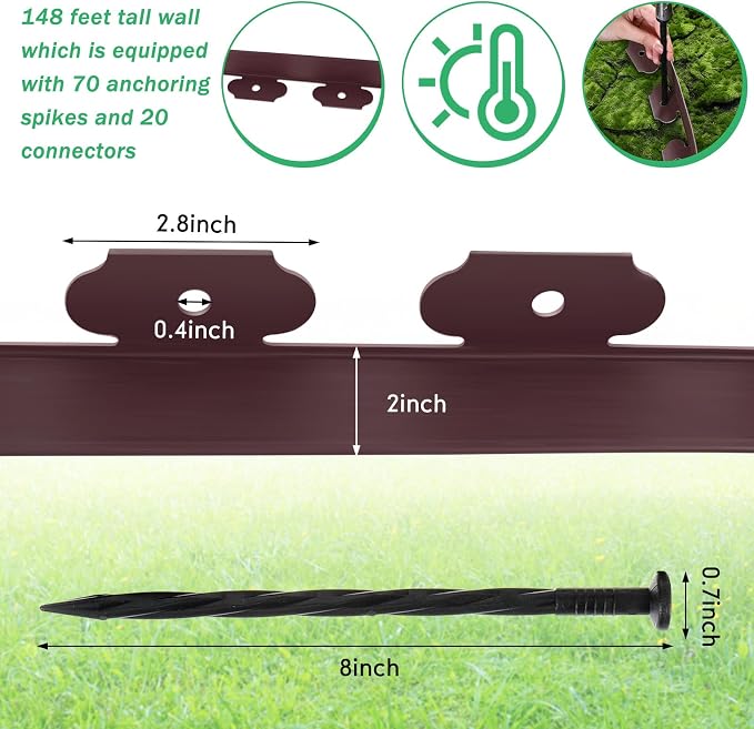 Queekay 148FT 2 Inch Tall Landscape Edging Kit with 70 Spikes 20 Connectors Plastic Garden Landscape Edge Border Flexible Landscaping Edging for Lawn Garden Yard Flower Bed(Brown,2 Inch)