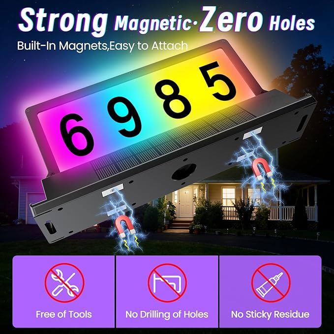 Solar Address Sign for House Numbers – Dual-Sided LED & Dual-Sided Solar Panels, 8 Color Modes, IP65 Waterproof Address Plaque, Strong Magnetic/Stake/Wall Mount, Dusk-to-Dawn for Mailbox Yard Driveway
