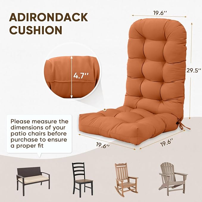 COOS BAY High Back Adirondack Chair Cushions for Outdoor Furniture, 49x20x5 in Water-Resistant Thick Tufted Patio Chair Cushions with Secure Straps, Set of 2, Orange