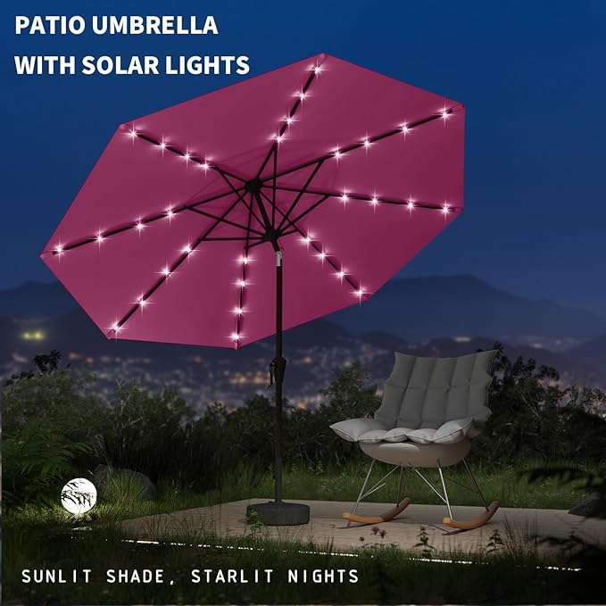 9FT Patio Umbrella with Solar Lights,Outdoor Market Umbrella with Tilt and Crank, LED Lighted Table Umbrella for Garden,Deck,Backyard,Pool,Beach