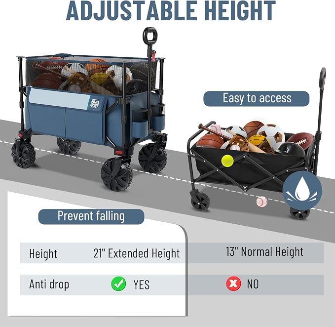 Timber Ridge Foldable Wagon 350L Extendable Height, Large Capasity Collapsible Wagon Cart with All Terrians Detachable Wheels, Compact Folding Utility Wagon for Camping, Fishing, Shopping Navy
