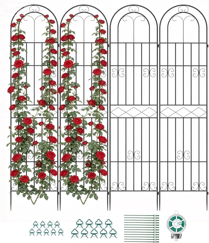 Suteck Garden Trellis for Climbing Plants Outdoor, 87" H x 20" W, 4 Pack Metal Garden Trellis with Rustproof Powder-Coated, Rose Trellis for Patio Lawn Yard, Flower & Vegetable Support