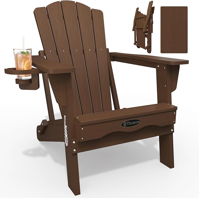 THOEOE Folding Adirondack Chair,HDPE All-Weather Outdoor Chair with Cup Holder,Wooden Textured,Fire Pit Chair,Plastic Patio Chair for Deck,Backyard,Garden,Lawn, Brown
