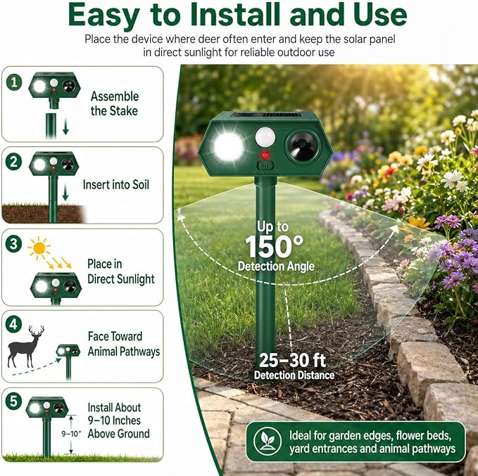 2026 Sonic Fortress Pro Deer Repellent Device for Plants,Solar Ultrasonic Animal Repellent with Motion Sensor&Flash Light,Squirrel Fortress Pro Raccoon,Rabbit Repellent for Vegetables Garden(2 Pack)
