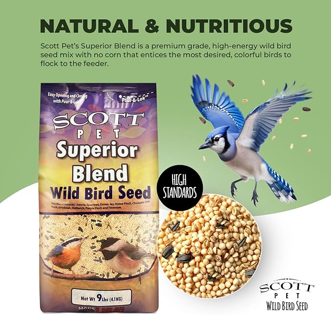 Scott Pet Wild Bird Seed, Superior Blend, 9 lbs Bag, No Corn, Feed, Great for All Feeder Types, Food for Outside Wild Birds