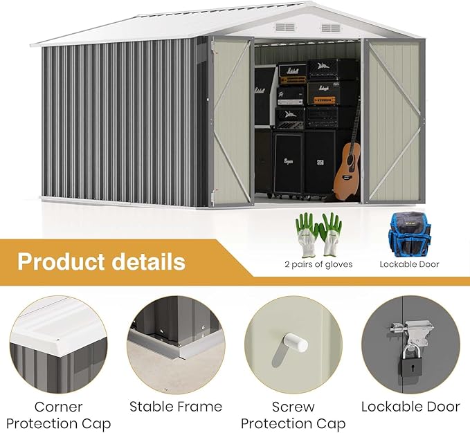 Patiowell 12 x 8 FT Outdoor Storage Shed, Large Metal Shed Storage with Lockable Doors and Steel Frame, Utility Tool Outside Storage Shed for Garden, Patio, Backyard, Gray