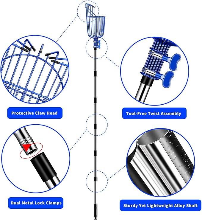 Fruit Picker Pole with Basket, Adjustable Fruit Tool for Apple Avocado Cherry Citrus Lemon Orange Peach Picking(40-130")