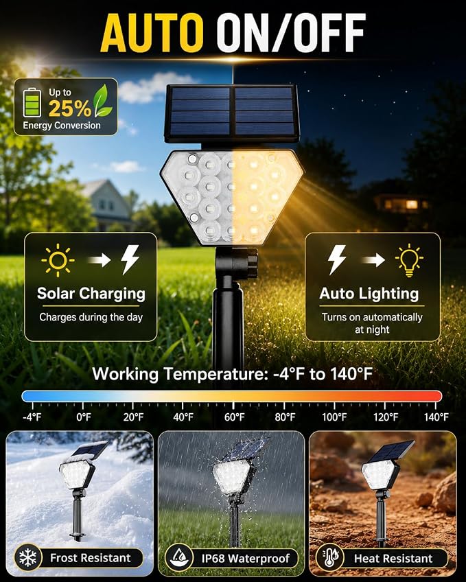 T-SUN Solar Lights Outdoor Waterproof IP65, 6Pack LED Solar Spot Lights Color Changing IP65 Waterproof Smart Auto On/Off for Outside Landscape Garden Yard Lawn Pathway Patio Driveway