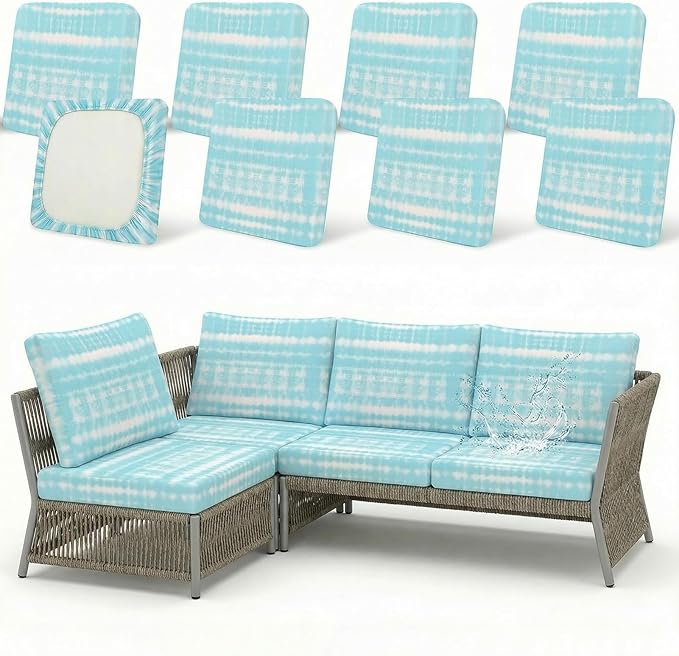 8 Pack Outdoor Cushion Covers Water Resistant High Stretch Fit Patio Cushion Covers 180g Couch Seat Slipcovers Machine Washable Pet & Kids Friendly Home Refresh 20-27 Inch, Teal Tie-Dye
