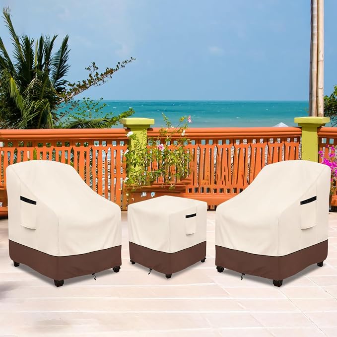 Rileytee Outdoor Furniture Covers Waterproof,600D Heavy Duty Patio Furniture Covers 3 Piece Set,Patio Set Cover for 2 Chairs and Side Coffee Table(Beige,Large)