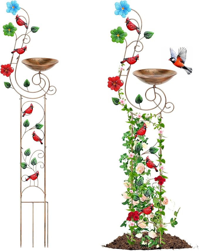 Metal Bird Bath with Trellis for Outside, 57” Height Birdbaths & Supports, Small Garden Decorative Trellises for Climbing Flowers Outdoor (Redbird)