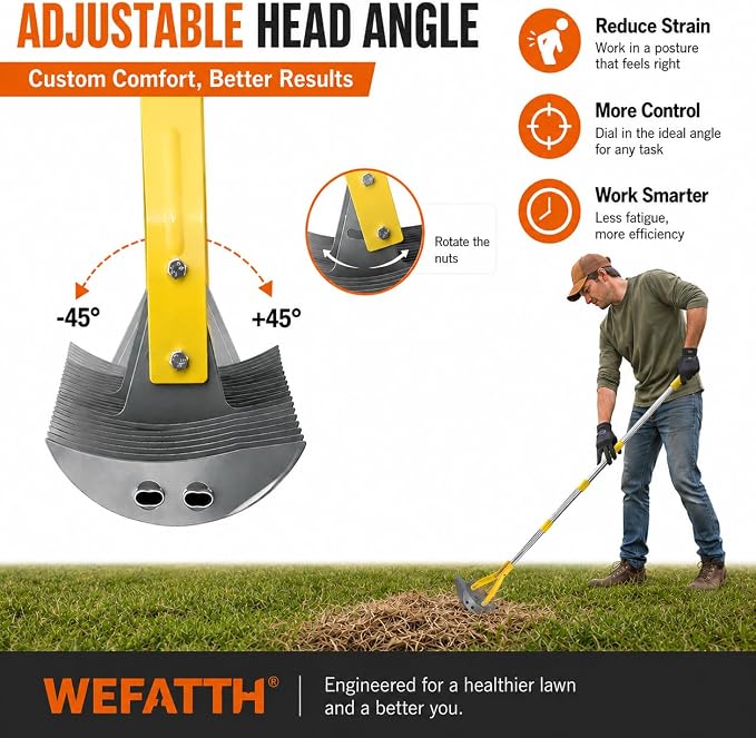Heavy Duty Thatch Rake for Lawns, 15" Dual-Sided Dethatching Rake with Sharp Steel Tines, Manual Dethatcher and Scarifier Tool for Dead Grass, Moss & Thatch Removal, 70" Adjustable Long Handle