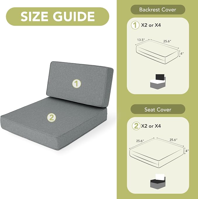Outdoor Furniture Cushions 25.6x25.6 Inch, Deep Seat Patio Couch Cushions Replacement for Sectional Conversation Set Sofa Loveseat, Water Resistant, Removable Cover, Set of 4, Dark Grey