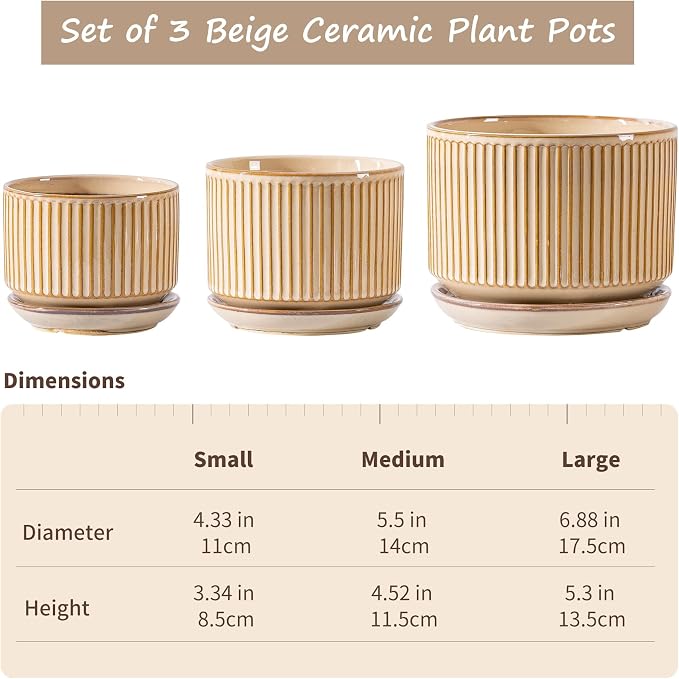 SURE YUESI Ceramic Plant Pots Set of 3, Indoor Outdoor Planters with Drainage Hole and Saucer, Ceramic Flower Pots for Indoor Plants, 4.3+5.5+6.8 Inch, Home, Garden, Patio and Office, Glossy Beige