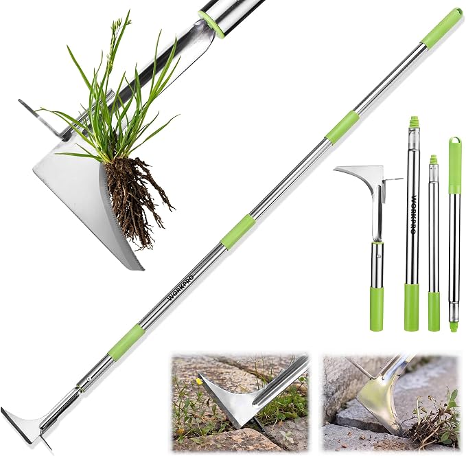 WORKPRO Crack Weeder, Stainless Steel Crevice Weeding Tool with Adjustable Long Handle(27"-54"), L-Shaped Weed Removal Scraper, for Garden Lawn Yard Patio Terrace Paving Garden Hand Tool