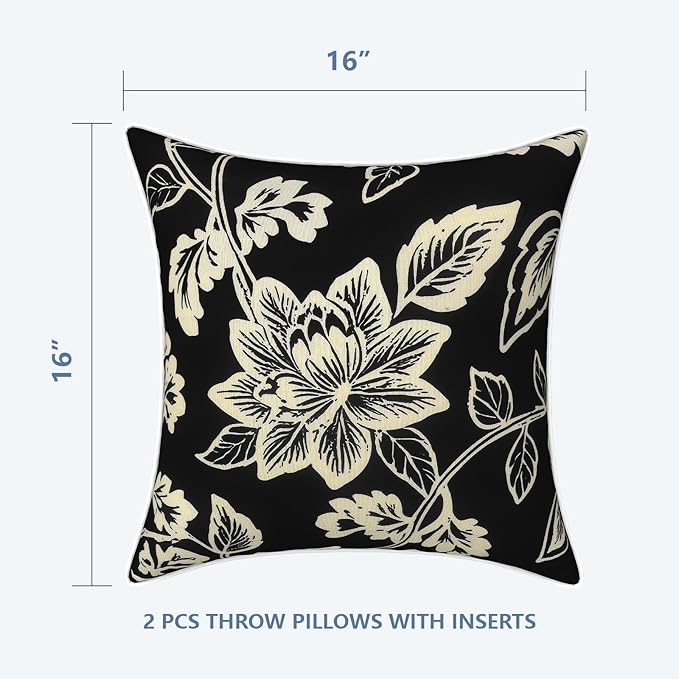 LVTXIII Set of 2 Patio Throw Pillows Waterproof 16"x16" Fade Resistant Outdoor Throw Pillow with Inserts,Decorative Garden Toss Pillow Cushions for Home Patio Sofa Use, Elegant Vines Black