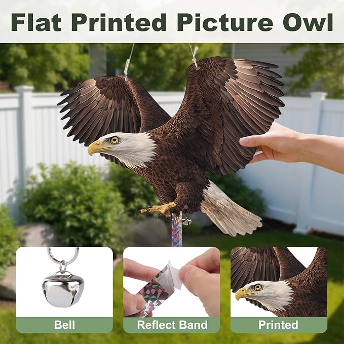 3 Pack Fake Eagle to Scare Animals Away, Hanging Flat Plastic Fake Eagle with Reflective Tape for Keep Pigeon Woodpecker Away for Outdoor Contryard Garden Balcony Window Patio Backyard