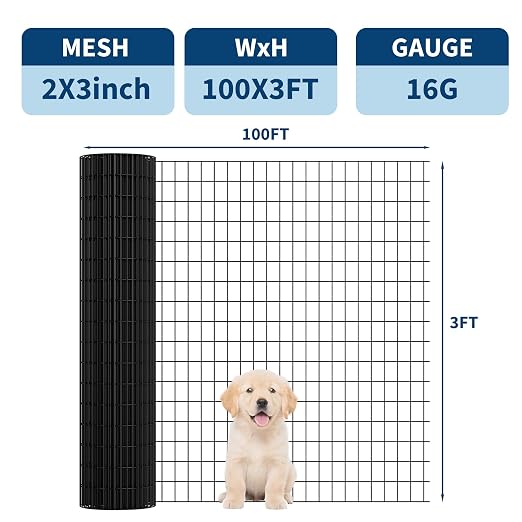 PVC Coated Welded Wire Fence,36 Inch x 100 Foot,16GA,Black Vinyl Coated Metal Wire Mesh Fencing Roll for Garden Border, Yard Vegetable Plant Protection and Poultry Netting