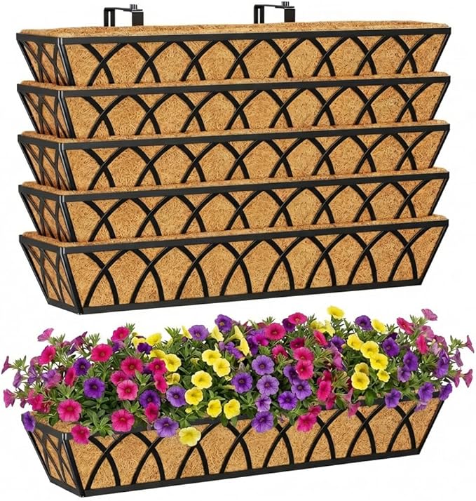 Y&M 6Pcs 30 Inch Deck Railing Planters Outdoor Balcony, Large Metal Window Box Deck Railing Planter with Coco Liner for Outdoor Balcony Porch Fence Patio Rail