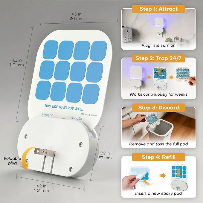 Fruit Fly Traps for Indoors (1 Device + 3 Refills), Gnat Traps for House Indoor, Plug in Fly Trap for Gnats, Fruit Flies, Flying Insects Sleek Design Indoor Safe