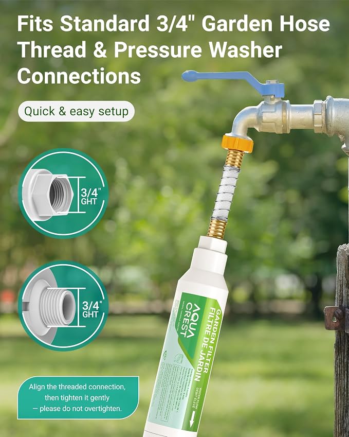 AQUA CREST Garden Hose Water Filter for Plants, Greatly Reduces Chlorine, Odor, Improve Plants Health, Ideal for Organic Gardening, Farming and Pets, 6 Pack with 2 Hose Protector