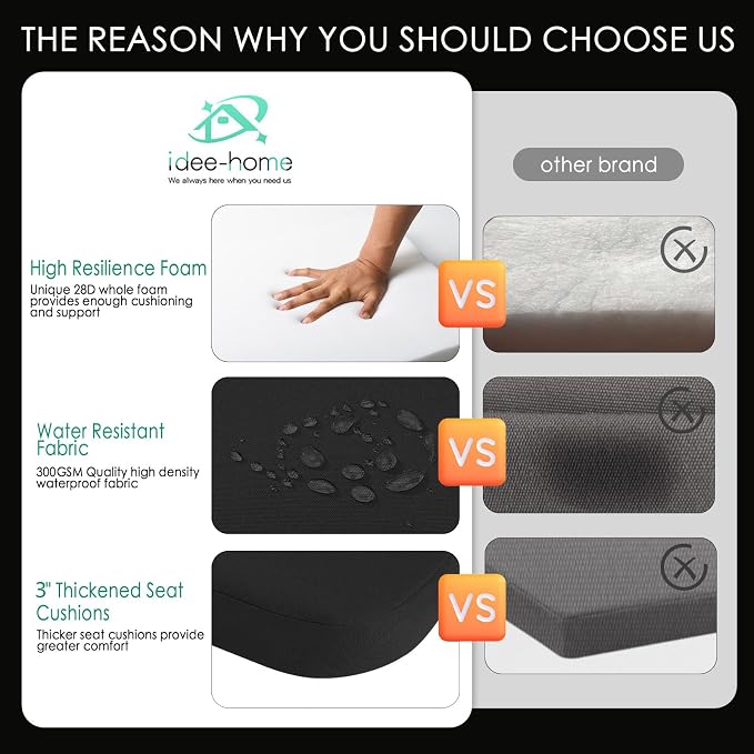 idee-home Outdoor Chair Cushions Set of 2, 17" x 17" Thick D-Shaped Patio Furniture Outdoor Seat Cushions Waterproof with Ties, Dining Pads