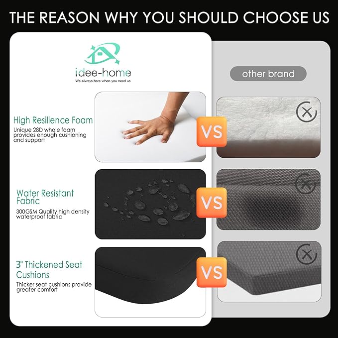 idee-home Outdoor Chair Cushions Set of 4, 17" x 17" Thick D-Shaped Patio Furniture Outdoor Seat Cushions Waterproof with Ties, Dining Pads