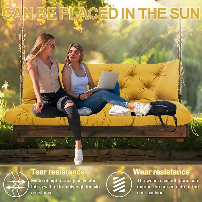 Premium 5"Thick Waterproof Outdoor Swing Cushions Sturdy Durable 2-3 Seat Replacement Porch Swing Cushions with Backrest&Ties Bench Cushion for Outdoor Furniture Backyard Patio(Yellow48x40in)