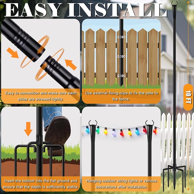 10Ft String Light Poles 6 Pack for Outside, Metal Outdoor Light Poles with 5 Prongs for Garden Patio Backyard Deck, Fence Bracket Hanging Light for Party Wedding Decor