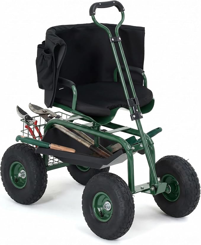 Garden Cart Rolling Workseat with Wheels, 360° Swivel Gardening Stool, Extendable Steering Handle & Utility Tool Tray, 10-Inch Inflatable Tires, Reinforced Steel Construction for Patio, Yard, Outdoor