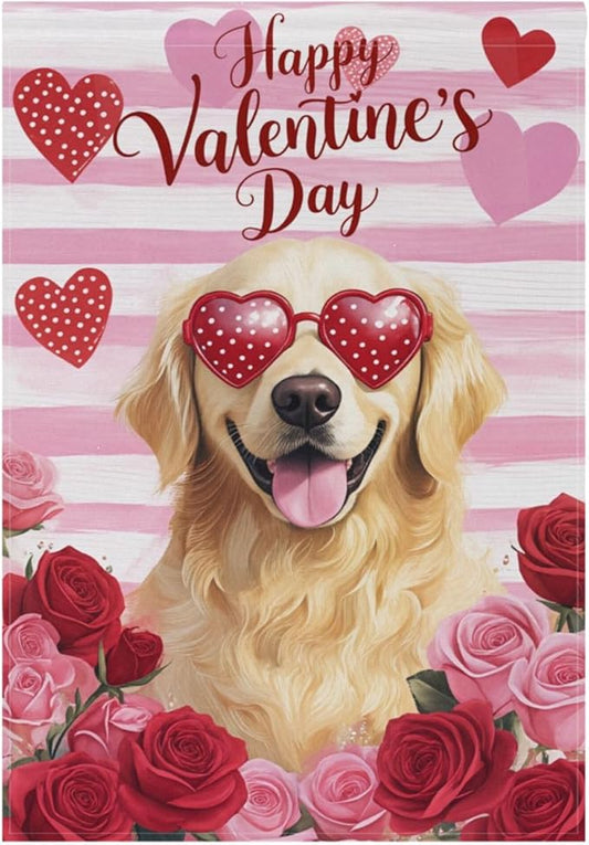 Happy Valentine’s Day Pink House Flag 28x40 Inch Double Sided Outside Love Dogs Golden Retriever Flowers Yard Outdoor Flag Banner for Garden Lawn Patio Holiday Decorations