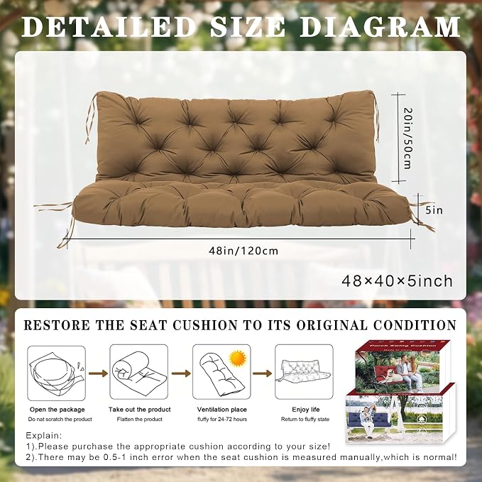 Outdoor Porch Swing Cushions Waterproof 2 Seater Extra 5" Thick Replacement Cushions with Backrest, Ties, Non-Slip Patio Furniture Cushions for Garden, Backyard(Brown 48×40×5inch)