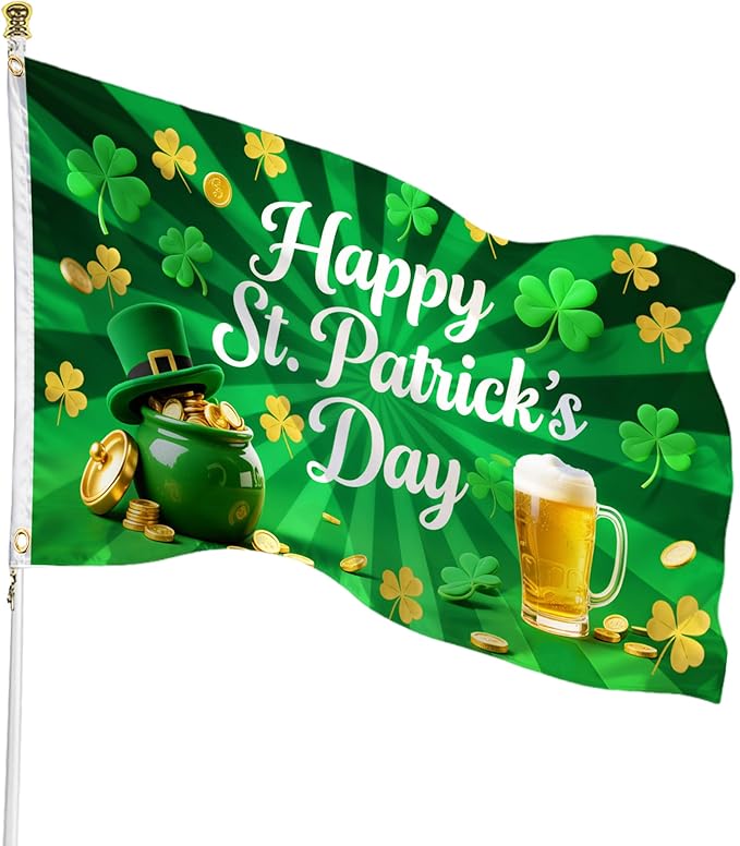 St Patrick's Day Flags 3x5 Outdoor Double Sided Flag 5x3 Ft Green Shamrocks Irish Holiday Decorations – Durable Polyester St Patricks Day Banner with White Header & 2 Brass Grommets for Yard House Garden