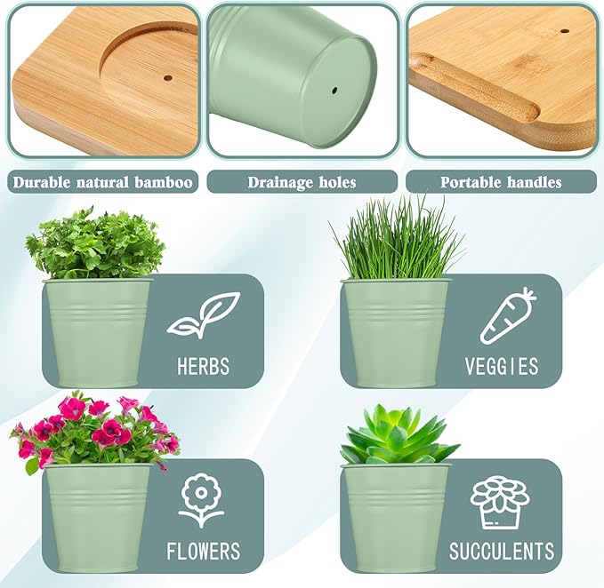 LemonRoad 6 Pcs Indoor Herb Planter Window Herb Pots for Kitchen with Drainage Hole and Bamboo Tray Farmhouse Metal Garden Planter Pot with DIY Label Mom Plant Gift(Sage Green,Round)
