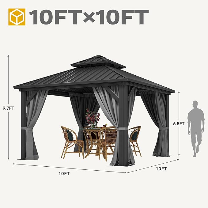 DWVO 10x10ft Hardtop Gazebo Double Roof Hardtop with Nettings and Curtains, Heavy Duty Aluminum Frame Galvanized Steel Outdoor for Patio, Backyard, Deck, Lawns, Grey