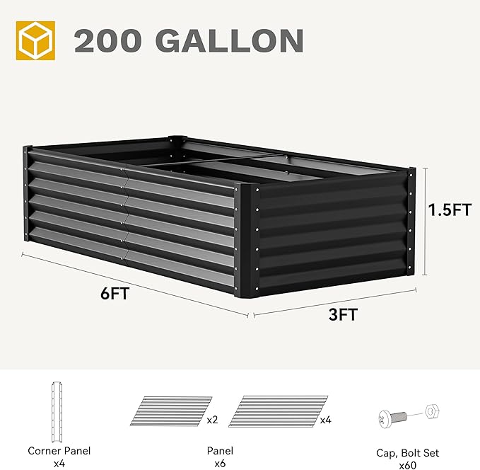 DWVO 2pcs 6 x 3 x 1.5 FT Raised Garden Bed Kit, Outdoor Galvanized Flower Bed with Gloves, Large Metal Planter Box for Vegetables, Flowers, Herbs, Fruits, Black