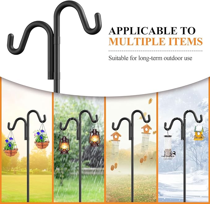 76" Double Hooks Heavy Duty Adjustable Bird Feeder Pole with Sturdy 5-Prong Base, Height Adjustable Shepherds Hook for Hanging Feeders, Plants, Solar Lanterns & Wind Chimes (2026 Upgrade)