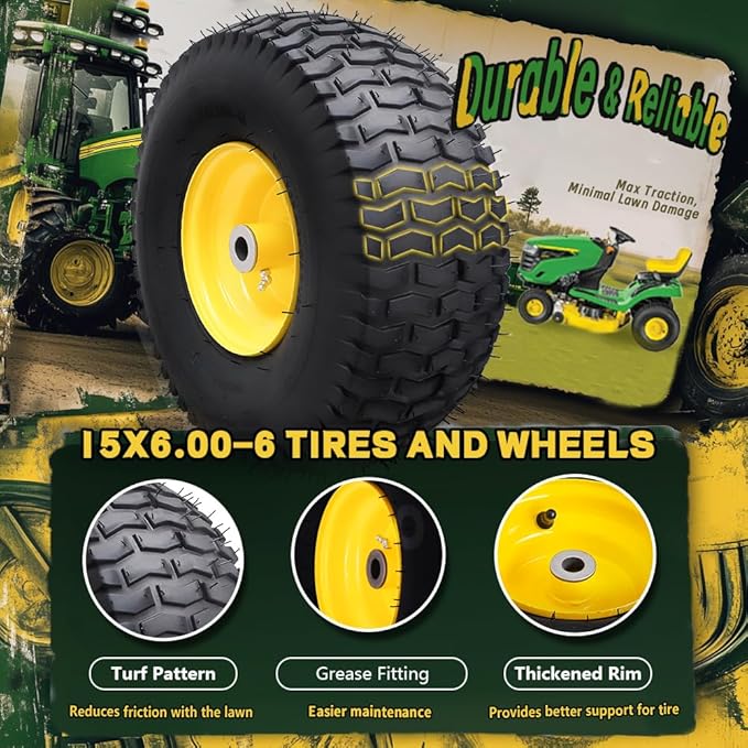 15x6.00-6 Tubeless Tire and Wheel Assembly(2 Pack) ，Replacement Riding Lawn Mower Front Tires,Compatible withRiding Mowers and Lawn Tractor, 3" Offset Hub and 3/4" Bushings（Yellow)