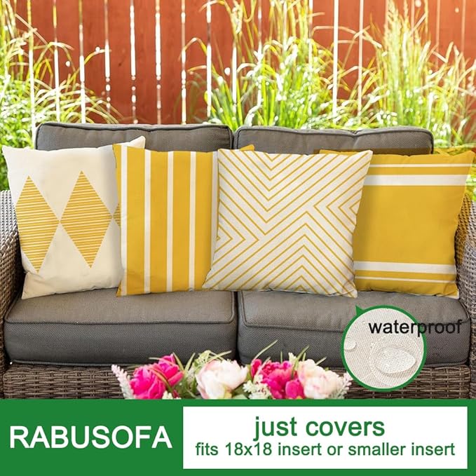 RABUSOFA Yellow and White Outdoor Pillows Waterproof,18x18 inch Boho Summer Outdoor Pillow Covers Set of 4 for Patio Furniture Sunbrella (2Y-18) (18"x18")