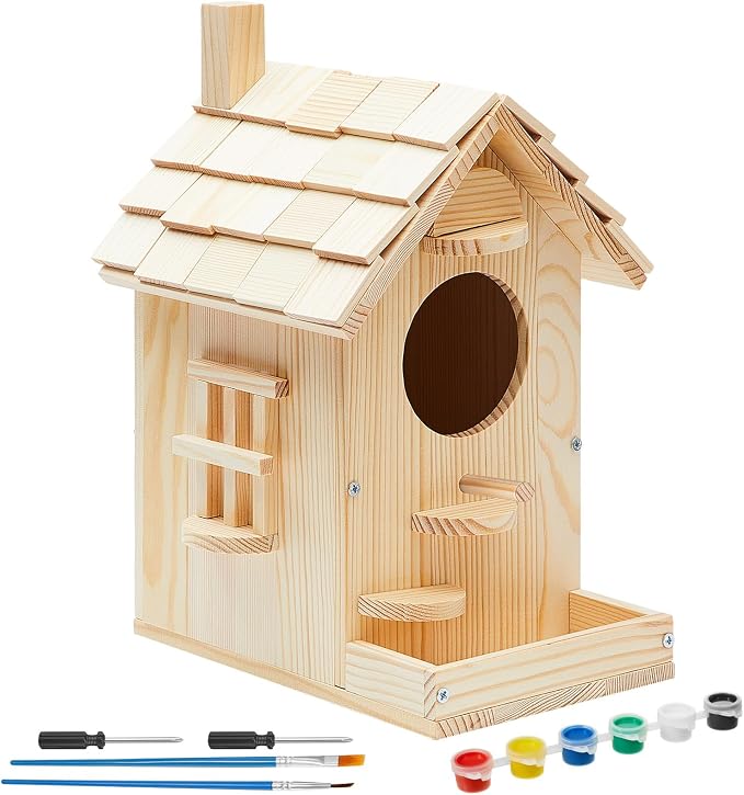 Liliful Wooden Bird House Kits, Build It Yourself Woodworking Kit for Adult Kids 4-8, 8-12 with Paint and Paintbrushes, Solid Weather Proof Natural Pine Wood, Pre Drilled (1 Pack,Modern Style)