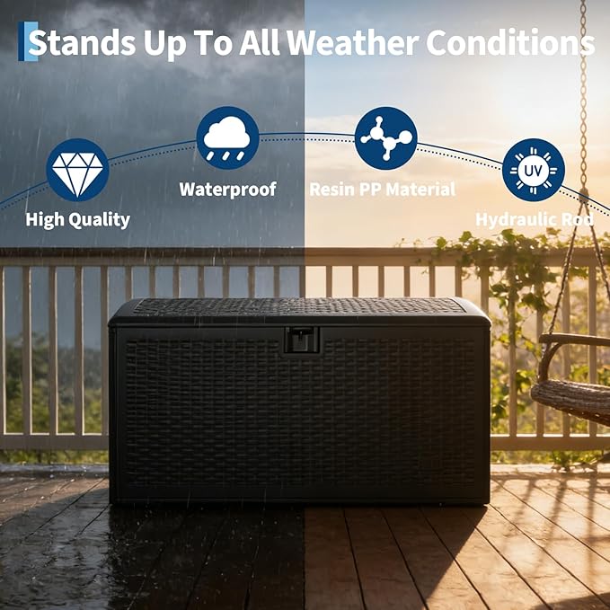 CABIHOME Outdoor Storage Box 120 Gallon Waterproof Large Resin Deck Box Indoor Outdoor Lockable Storage Container for Patio Furniture Cushions Garden Tools, Pool Garden, 120 Gallon, Black