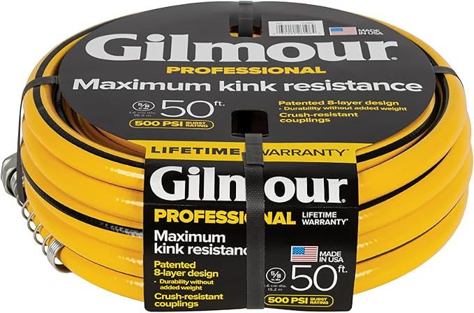 Gilmour 5/8" x 50' Heavy Duty Flexogen Water Hose, Flexible Garden Hose for Vegetable Gardens, Flower Beds, and Lawn Sprinklers, Yellow