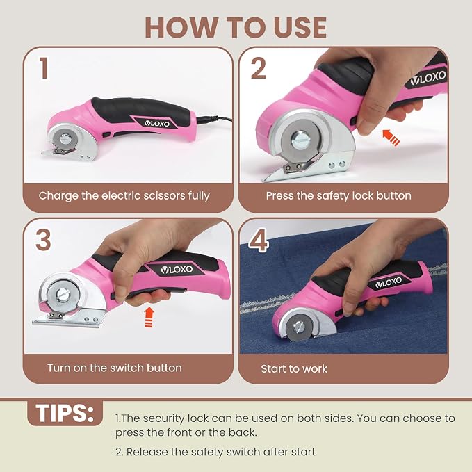 VLOXO Cordless Electric Scissors, Rechargeable Rotary Cutter for Cardboard Leather Fabric Plastic Canvas with Safety Lock, Multi-Purpose Cutting Tool with Replacement Blades and Charger (Pink)