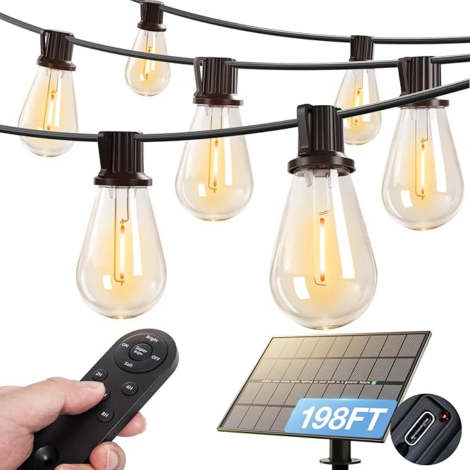 addlon 198FT(192+6) Solar String Lights Outdoor Waterproof 6W Panel with USB Port & Remote Control Solar Powered Patio Lights for Outside with 68 LED Dimmable Bulbs for Porch Garden Deck Halloween