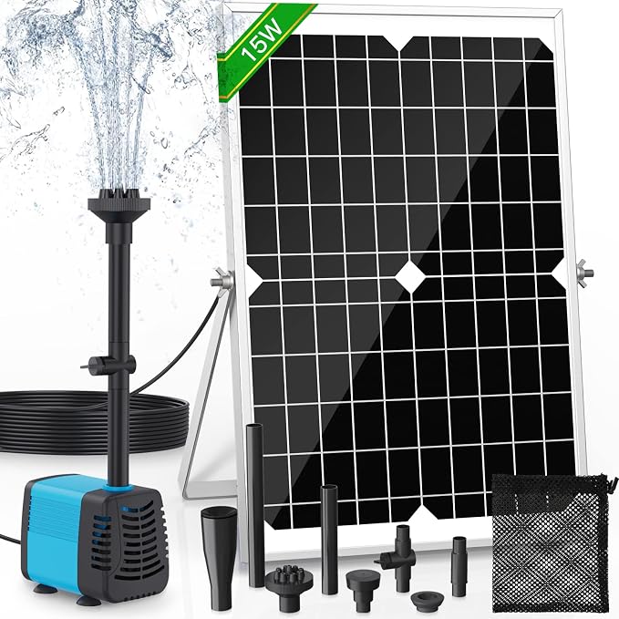 15W Solar Fountain Pump, 190GPH Submersible Solar Powered Water Pump with Adjustable Flow & 4 Nozzles, Anti-Clog Barrier Bag for Bird Bath, Outdoor Pond, Garden Water Features, Pool