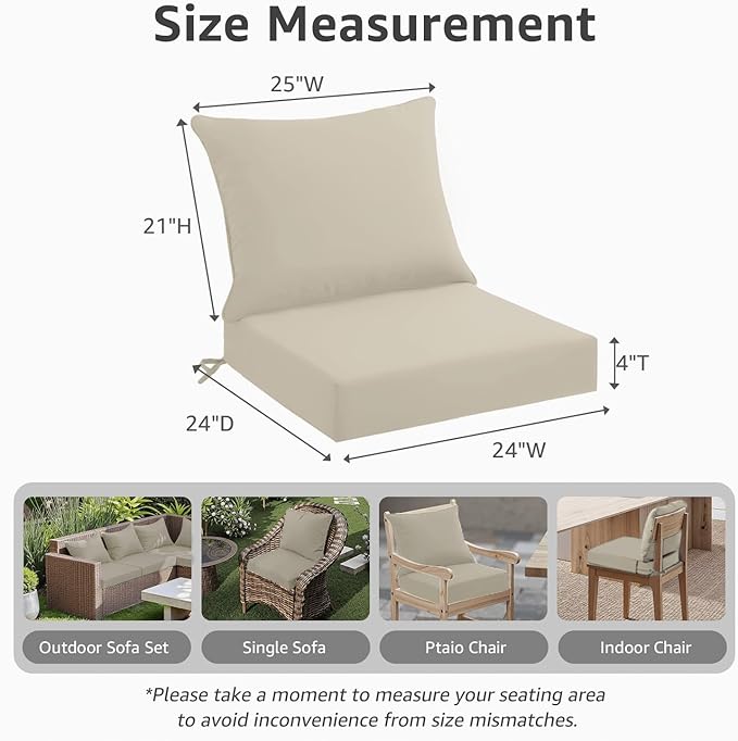 PatioGlow Outdoor Seat Cushion Set 24 x 24 x 4 Inch, Waterproof & Fade Resistant Patio Furniture Cushions with Removable Cover, Thick Deep Seating Pads for Outside Chair Sofa Couch