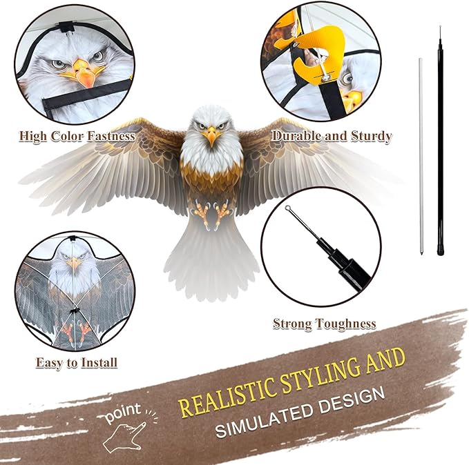 Bird Hawk Flying Kite with Pole Crop Farm Protector Bird Scare Kites with 13Ft Pole - Eagle Kite