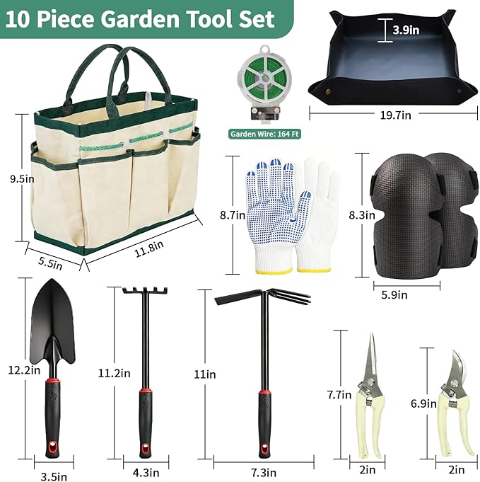 Gardening Tools, Garden Hand Tools for Gardening with Kneeling Pad, Shovel, Pruning Scissors, Repotting Mat, Gloves & Storage Tote Bag, 10Pcs Garden Set Kit Accessories for Women Men