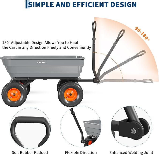 GarveeLife Poly Garden Dump Cart, 1200 lb Wheelbarrow Yard Cart with 13 in Wheels, Quick-Dump & Towable Utility Wagon for Yard, Soil, Rocks（Gray）