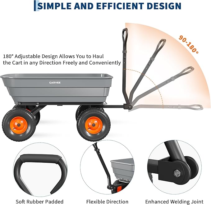 Garvee Poly Garden Dump Cart, Heavy Duty 1200lbs Wheelbarrow Yard Cart Dump Wagon with 13”All Terrain Wheels, Garden Utility Wagon with Quick Release System& Convertible Handle Attach to ATV (Gray)